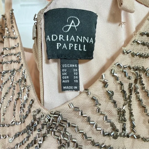 Adrianna Papell Beaded Mesh Blouson Dress Sz 6 Taupe pink formal maxi Gown - Picture 6 of 8